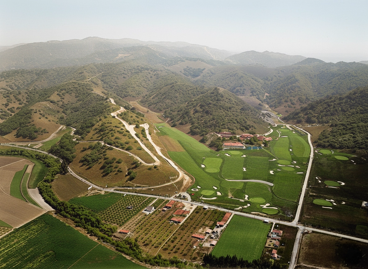 Vista aérea de Hollywood Hills Country Club con calles de golf sinuosas y colinas verdes circundantes