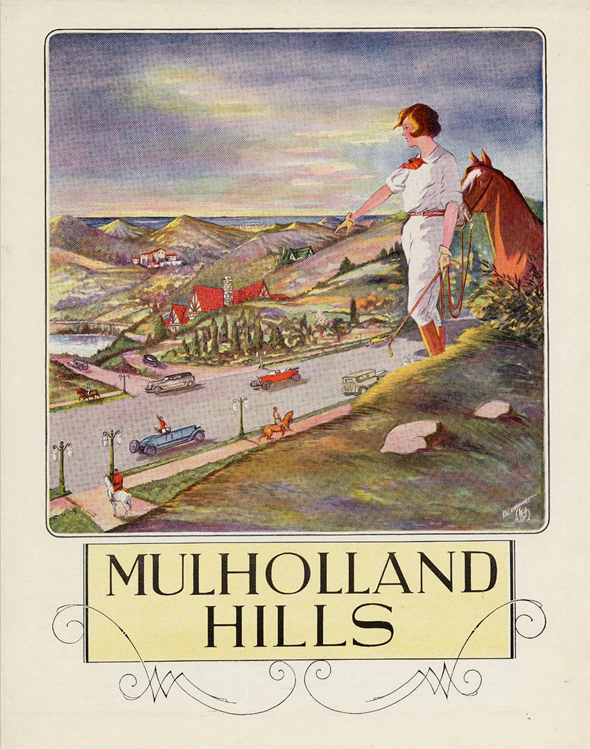 Ilustración vintage de una mujer y un caballo con vista al paisaje urbanizado de Mulholland Hills